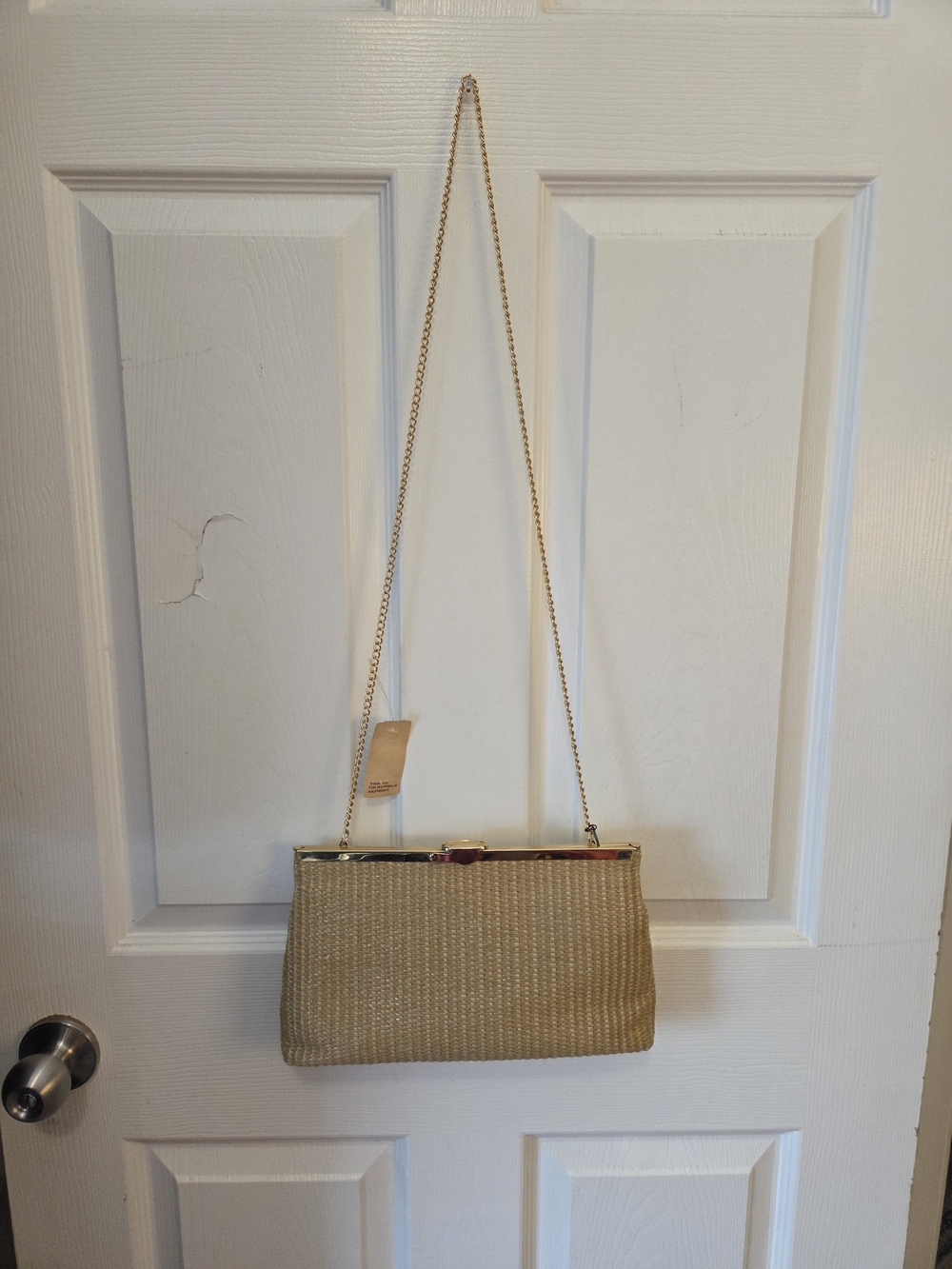 Vintage Gold Straw-Weave Clutch with Chain Strap